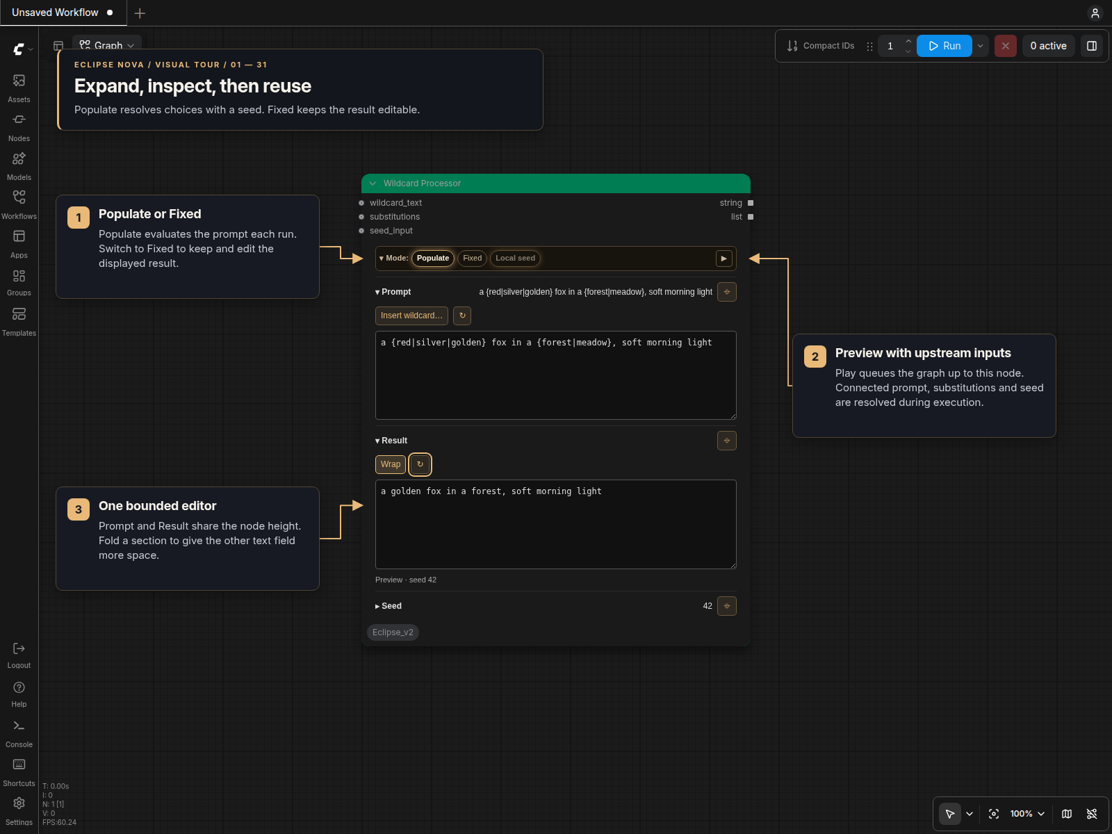 Wildcard Processor with Populate, Prompt and Result sections in the Amber theme