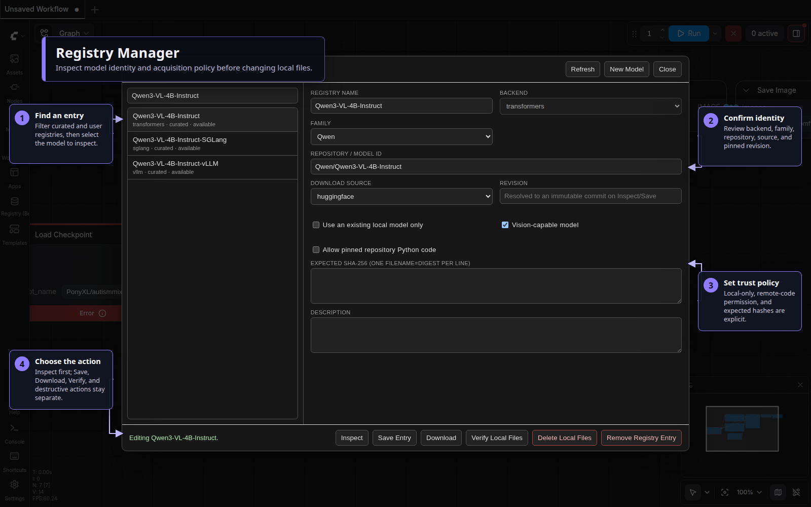 Annotated Smart LM Registry Manager showing search, identity, trust, and acquisition actions