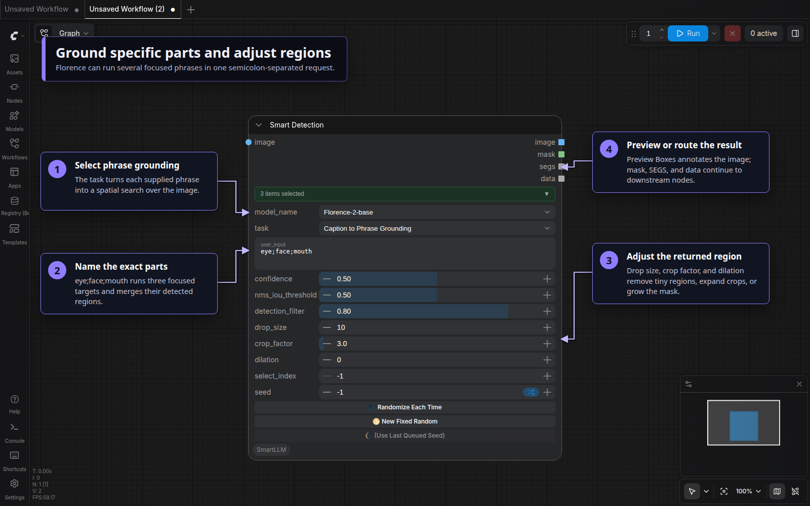 Annotated Smart Detection Florence grounding and region adjustment controls