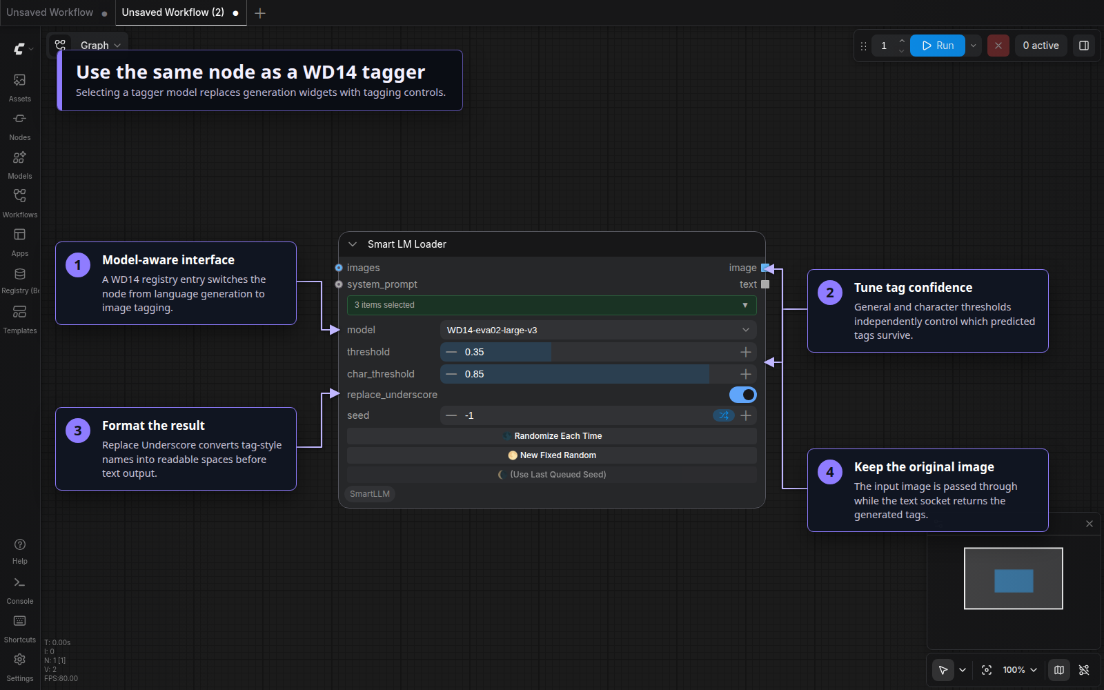 Annotated WD14 tagger controls in Smart LM Loader
