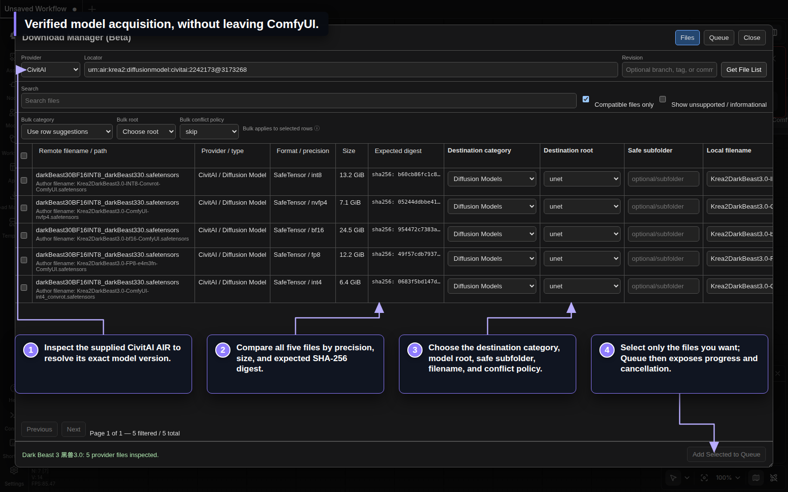 Annotated Smart Model Loader Download Manager showing provider inspection, file selection, and queue controls