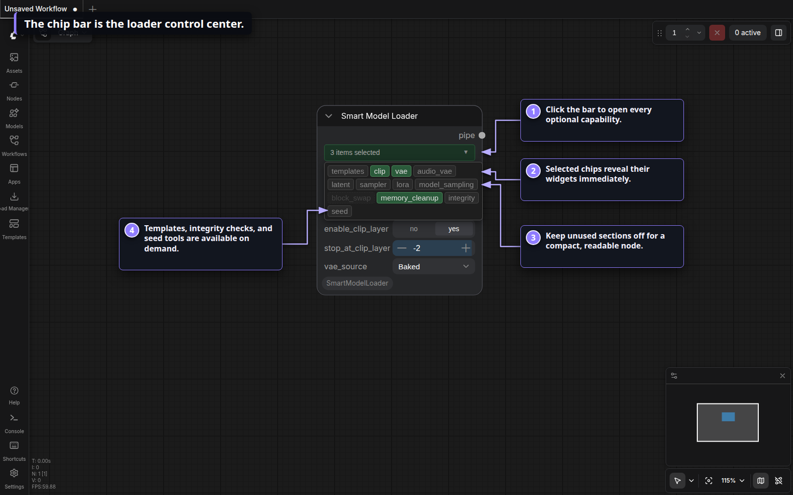 Annotated open Smart Model Loader feature-chip bar in Nodes 2.0