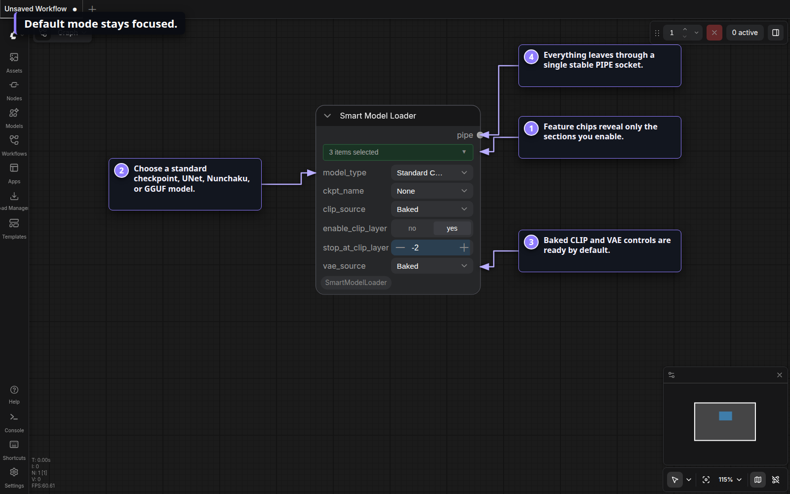 Annotated default Smart Model Loader node in Nodes 2.0