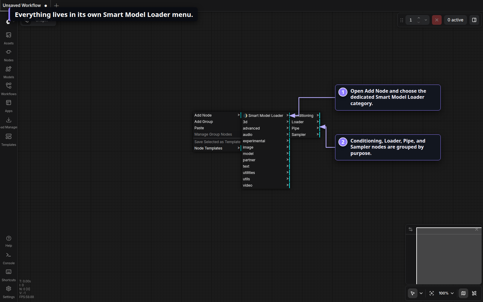 Annotated Nodes 2.0 Add Node menu showing the Smart Model Loader category and its four submenus