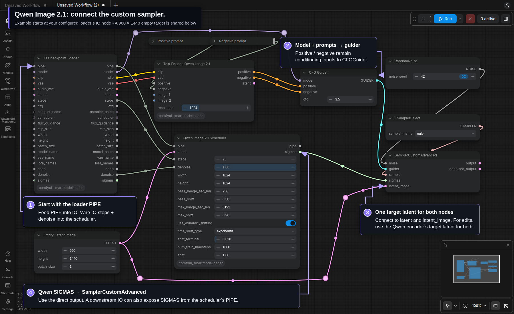 Annotated Qwen Image 2.1 custom-sampler connections showing separate conditioning, SIGMAS, and a shared EmptyLatentImage