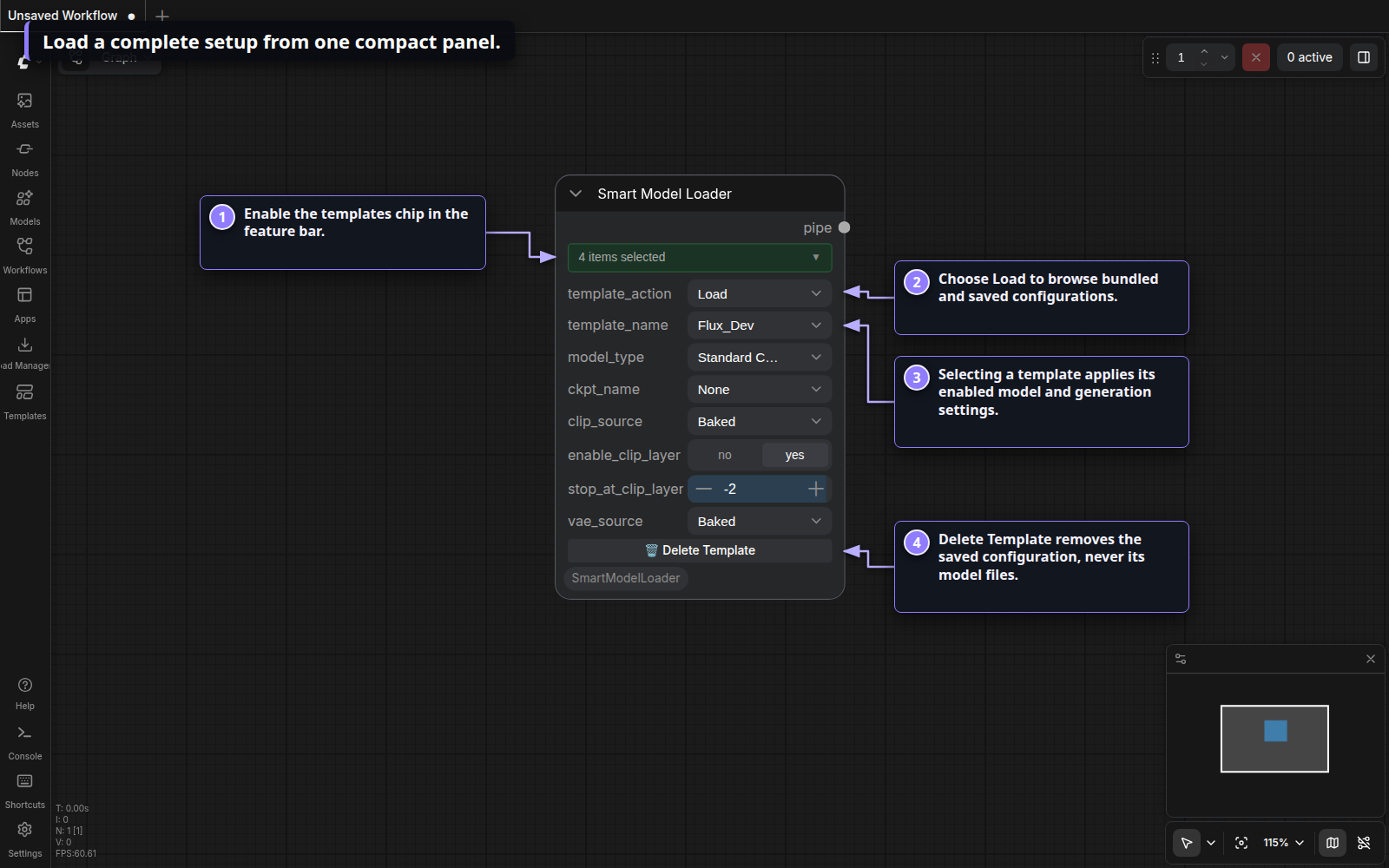 Annotated Smart Model Loader template-loading controls in Nodes 2.0