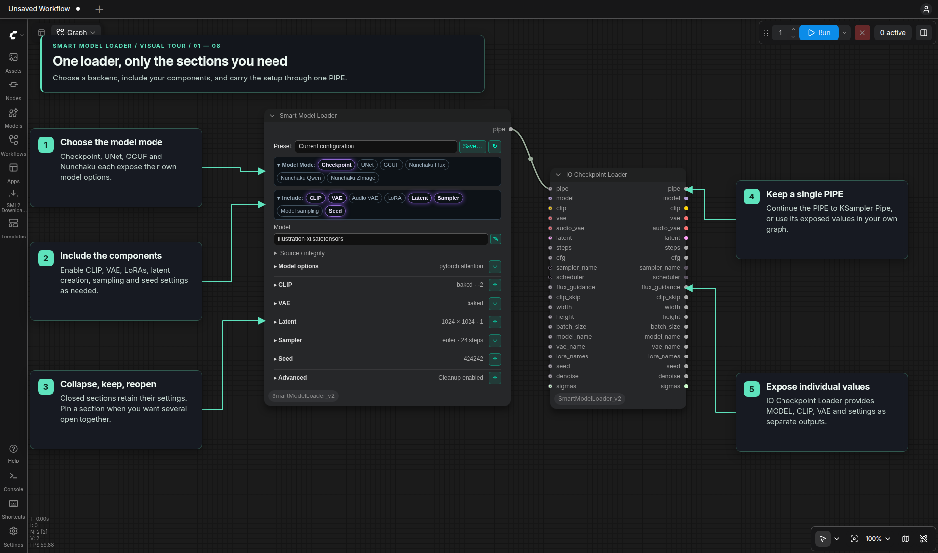 Smart Model Loader with Jade callouts for model mode, included sections, and its PIPE connected to IO Checkpoint Loader