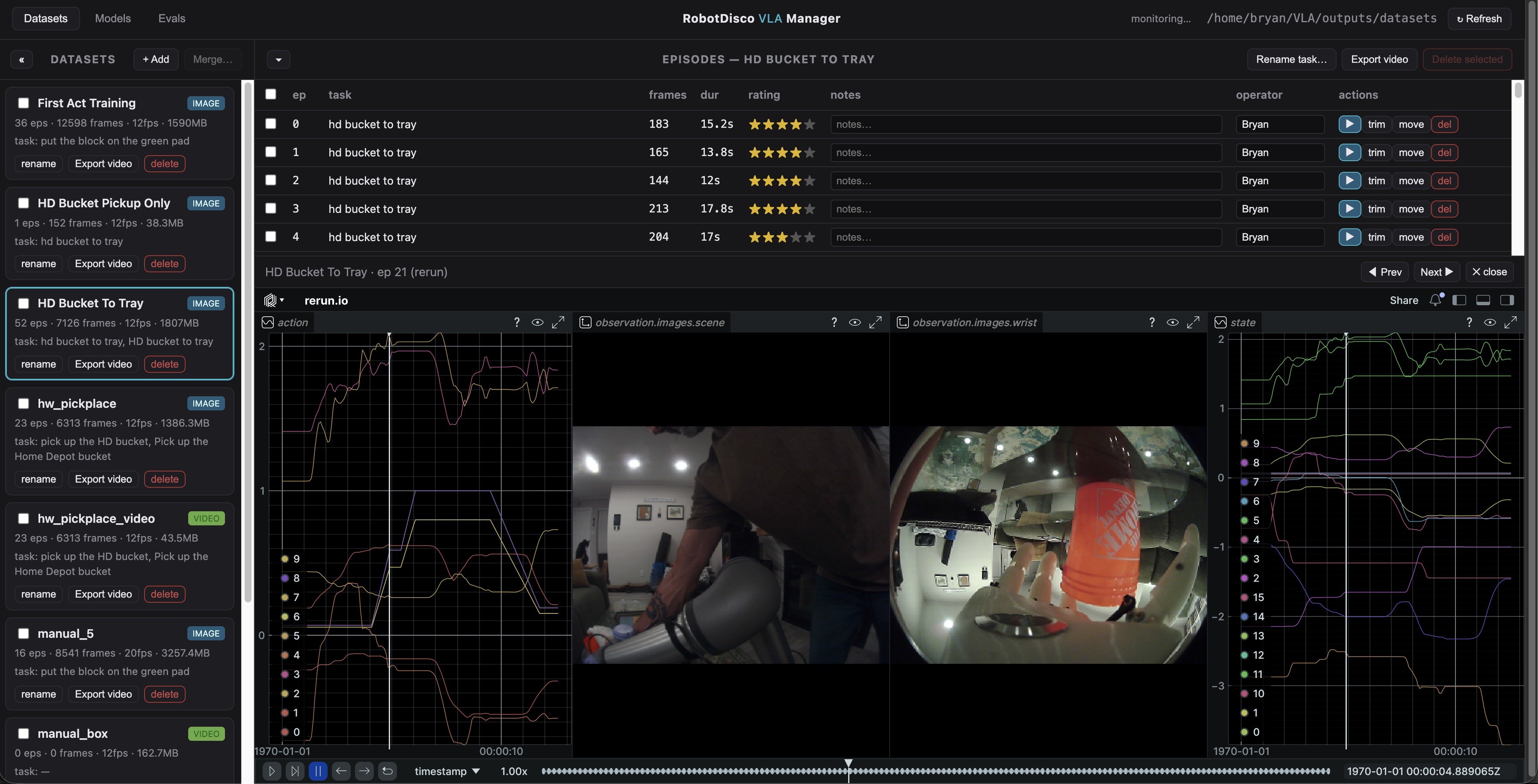 Datasets tab — dataset explorer, episode manager, and the embedded rerun player