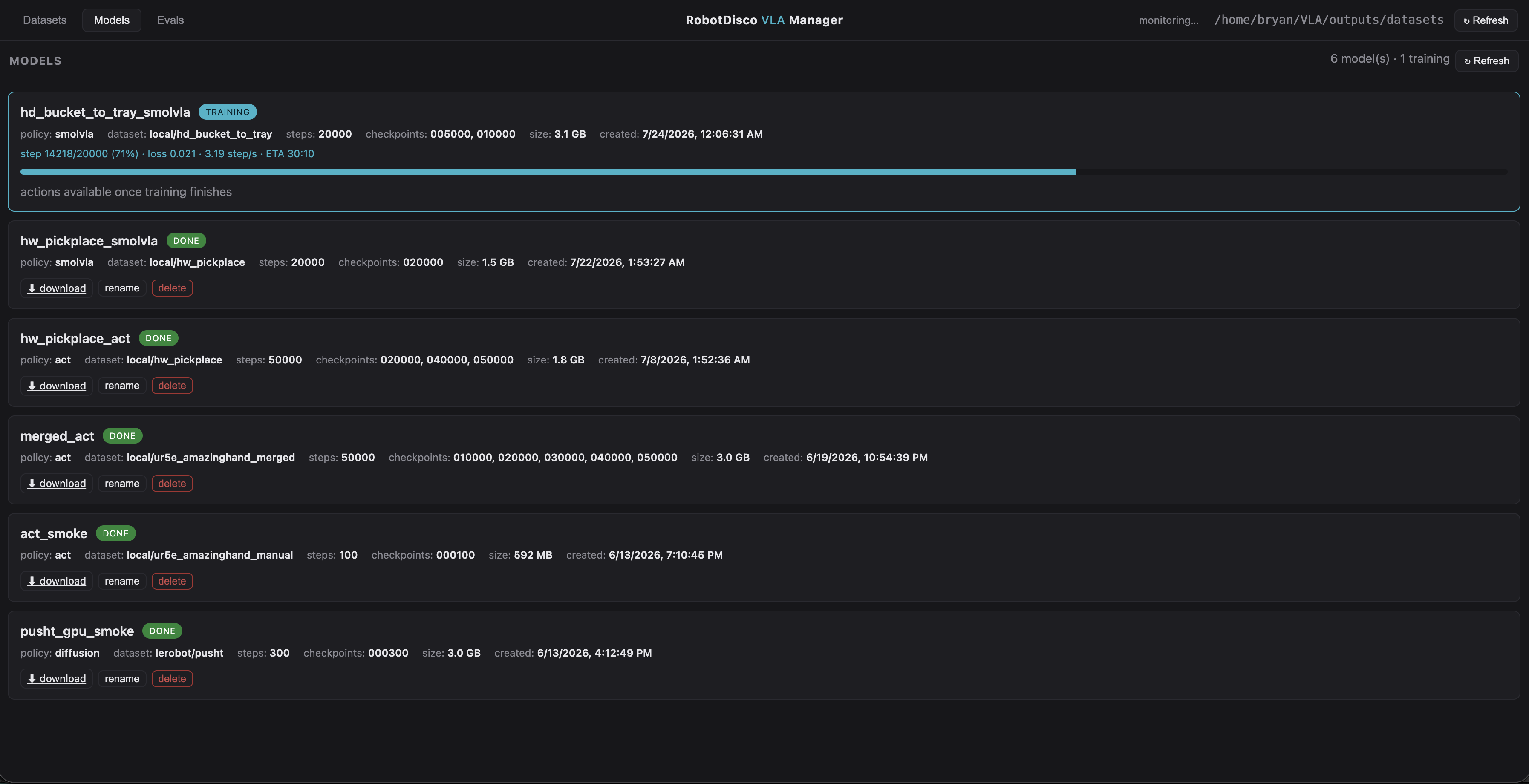 Models tab — every training run, with live progress for the one training now