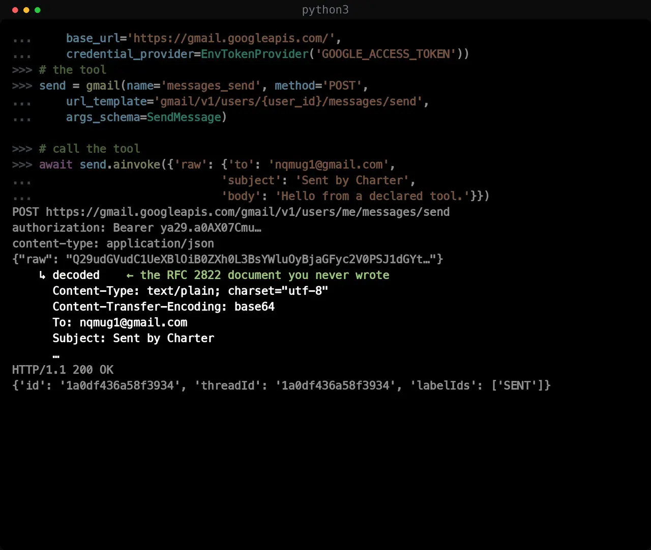 Declaring a Gmail tool, the request Charter puts on the wire, and Gmail's 200 OK. Then pricing a Linear tool's schema and pinning a value out of the model's reach.