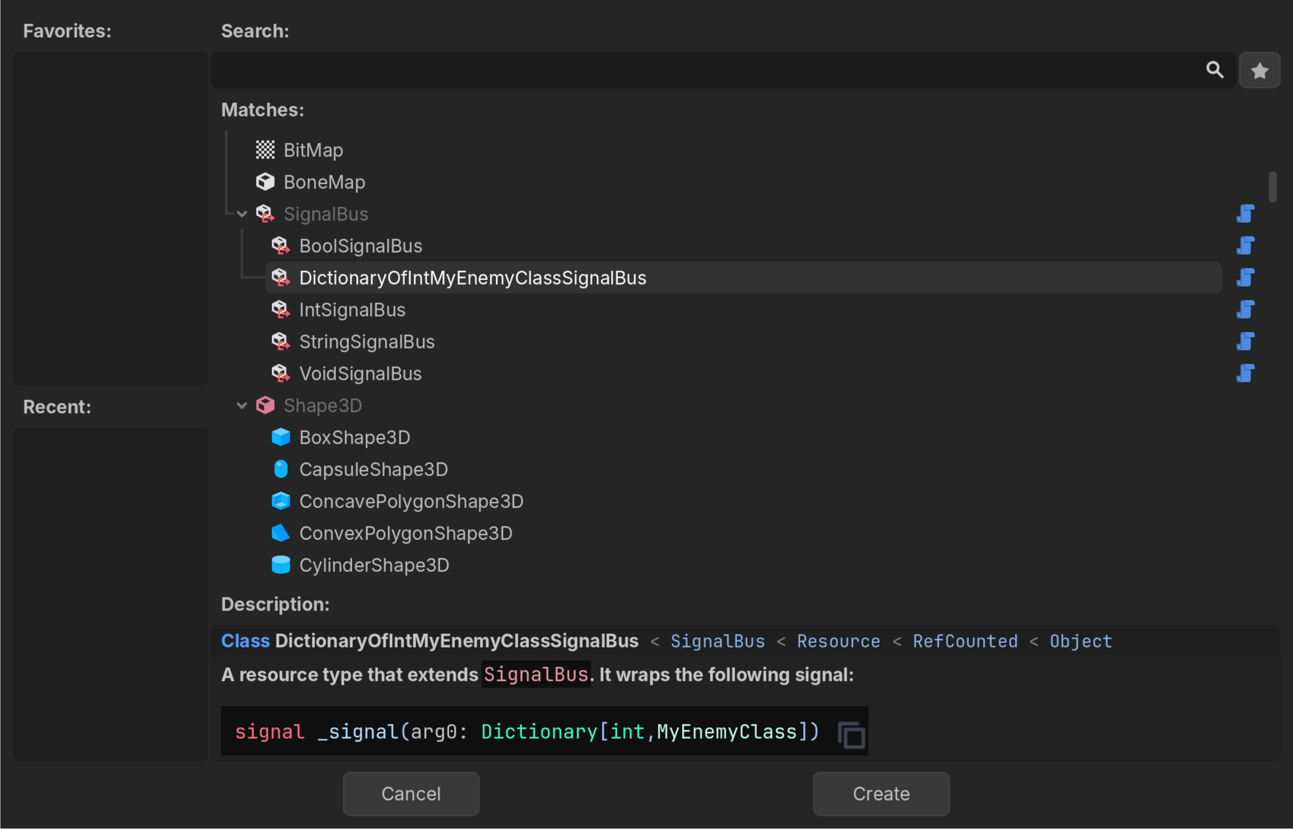 A screenshot of the Create New Resource window of the Godot editor showing different signal bus types.