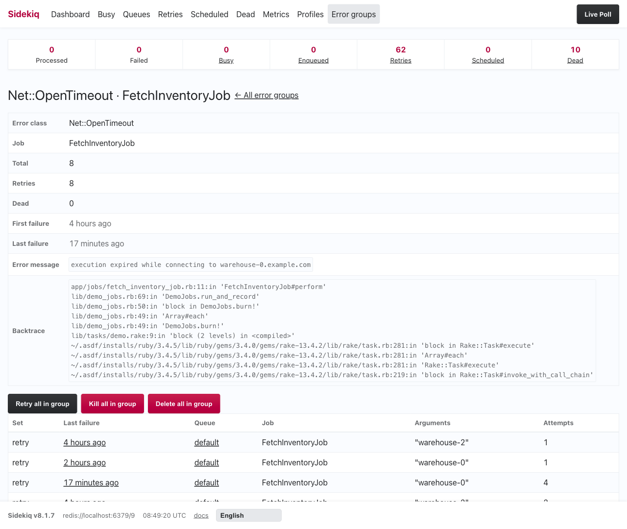 A single group: counts, backtrace, bulk actions and the affected jobs