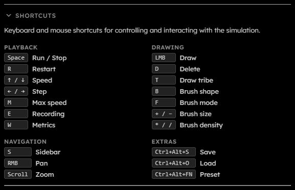Shortcuts section