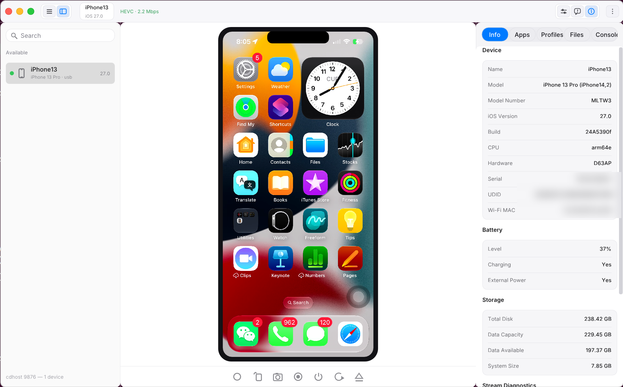 rPlayHub on Linux mirroring an iPhone 13 Pro, with the Info tab alongside
