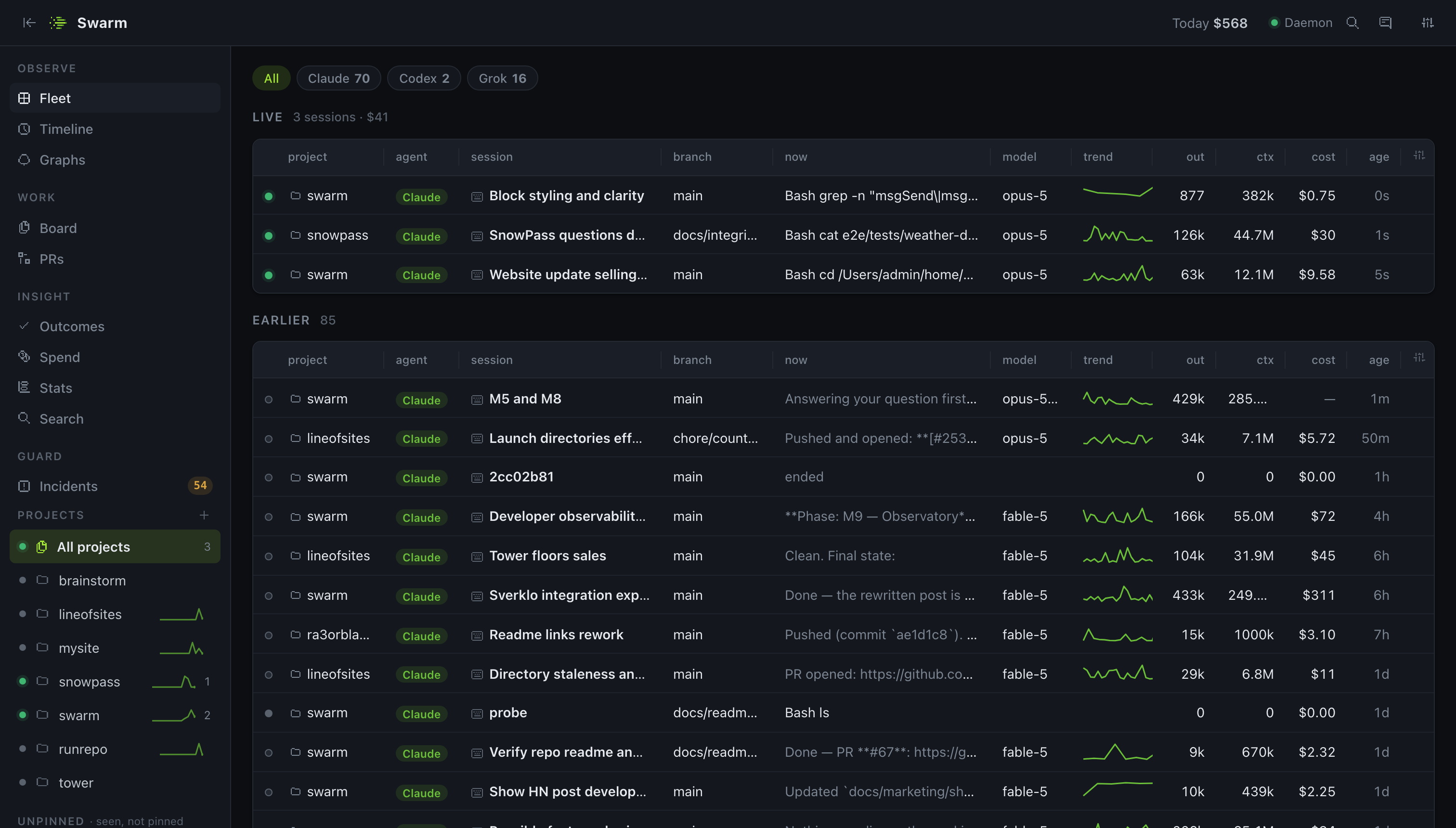 Swarm Fleet view — every agent session on the machine, live