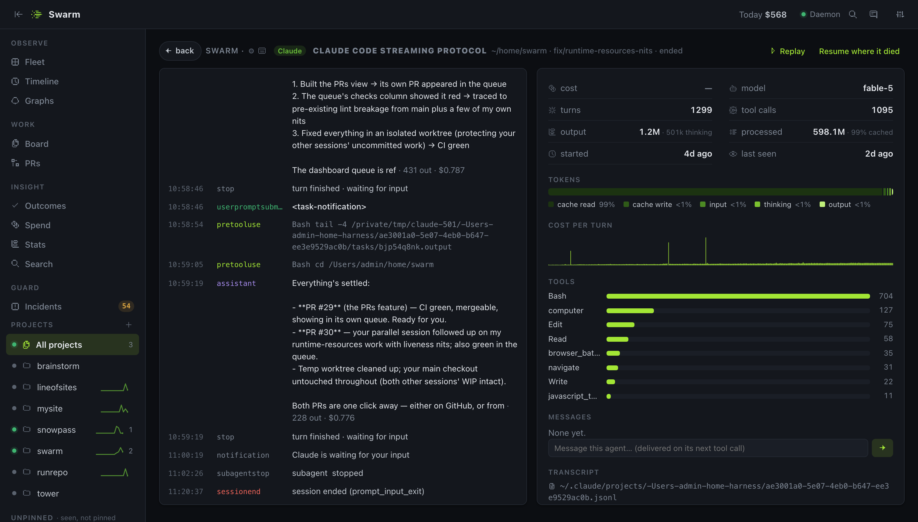 Session view — live reasoning stream with a stats panel