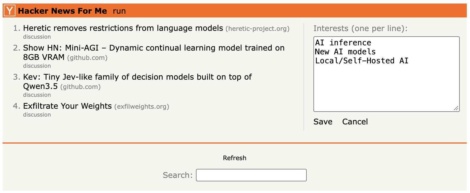 Curated list from Hacker News based on interests Hacker News For Me