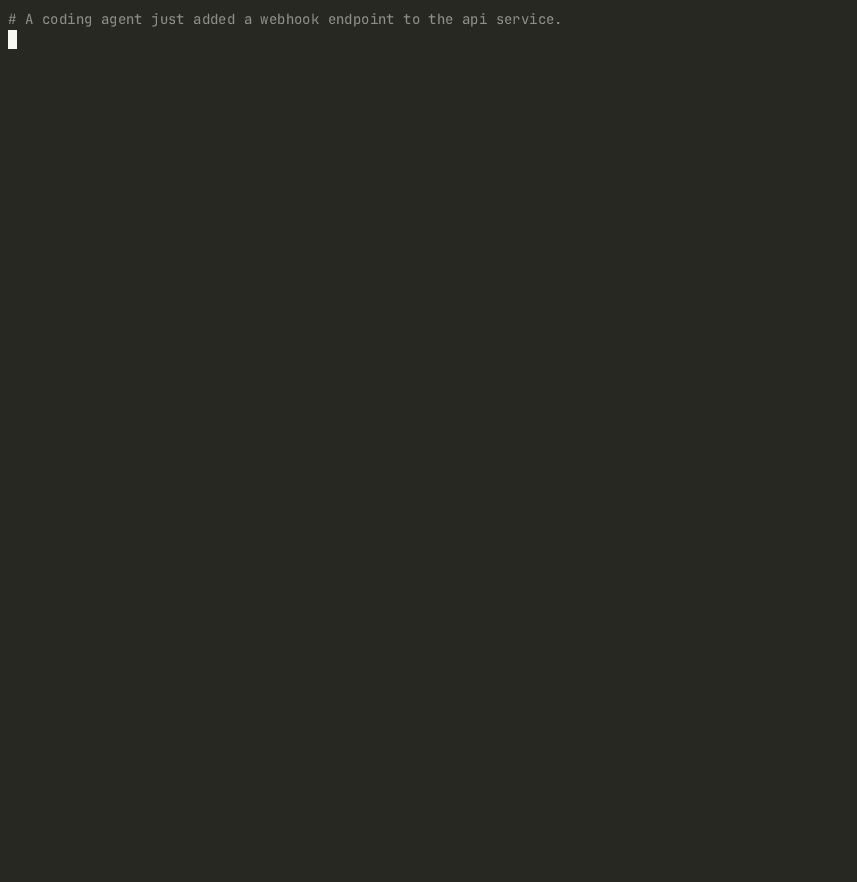 A coding agent adds a read of STRIPE_WEBHOOK_SECRET; envshield undeclared names the file and line; after it is declared, envshield check shows the api service's .env and its Compose container both lack it while the worker service is unaffected