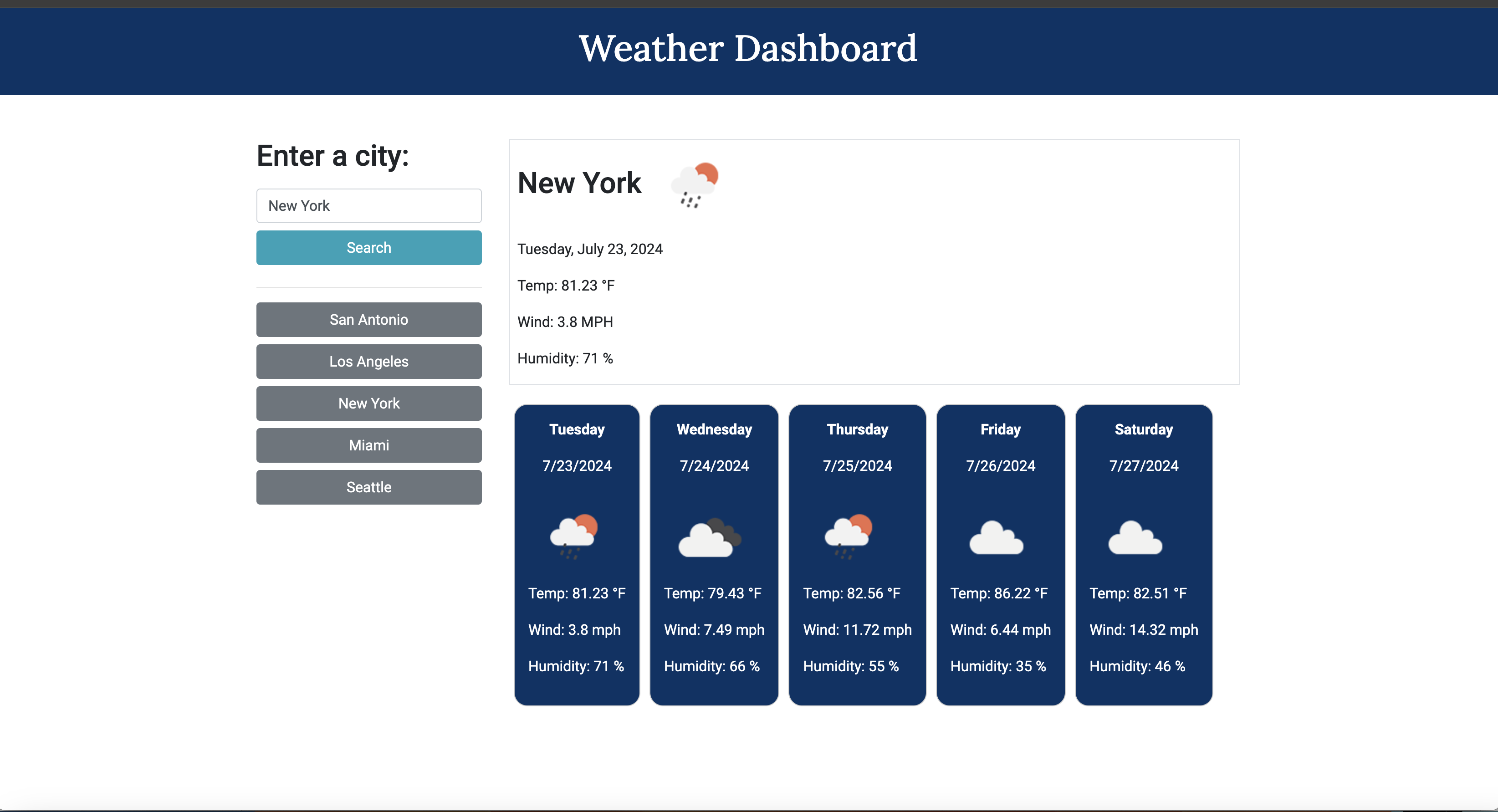 screenshot of weather dashboard app