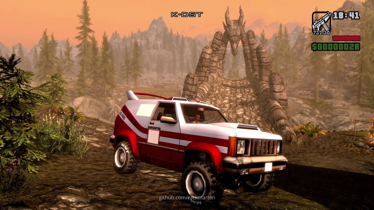 CJ's Sandking in front of a stone dragon bridge at sunset