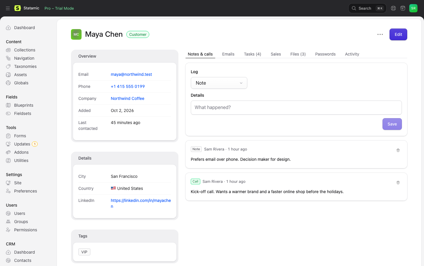 A contact's profile