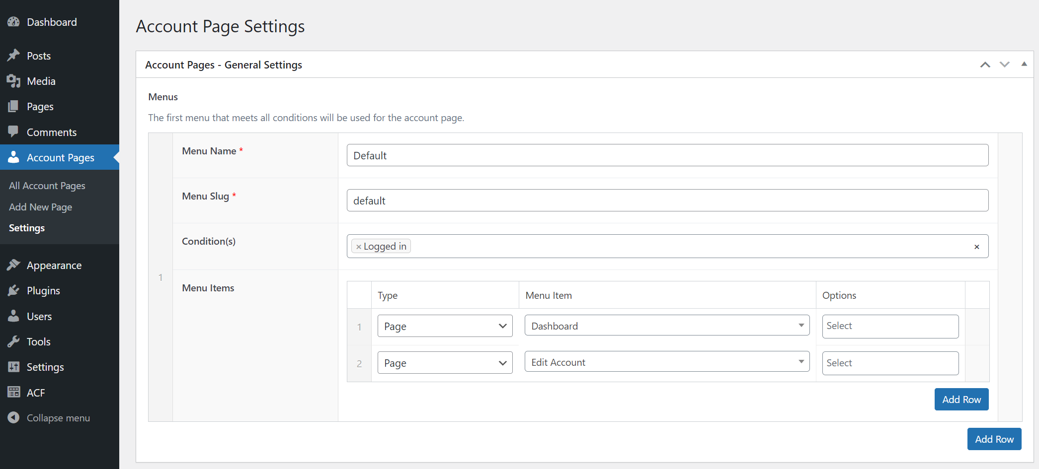 Screenshot of the "Settings" page
