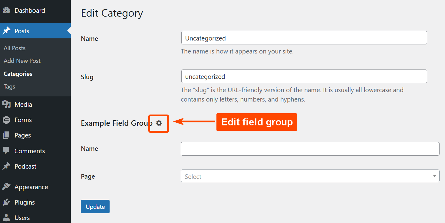 Screenshot showing a field group link on a category page