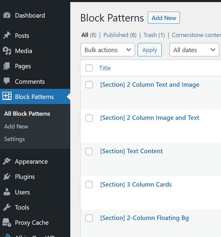 The post type screen, showing a few patterns that I created.