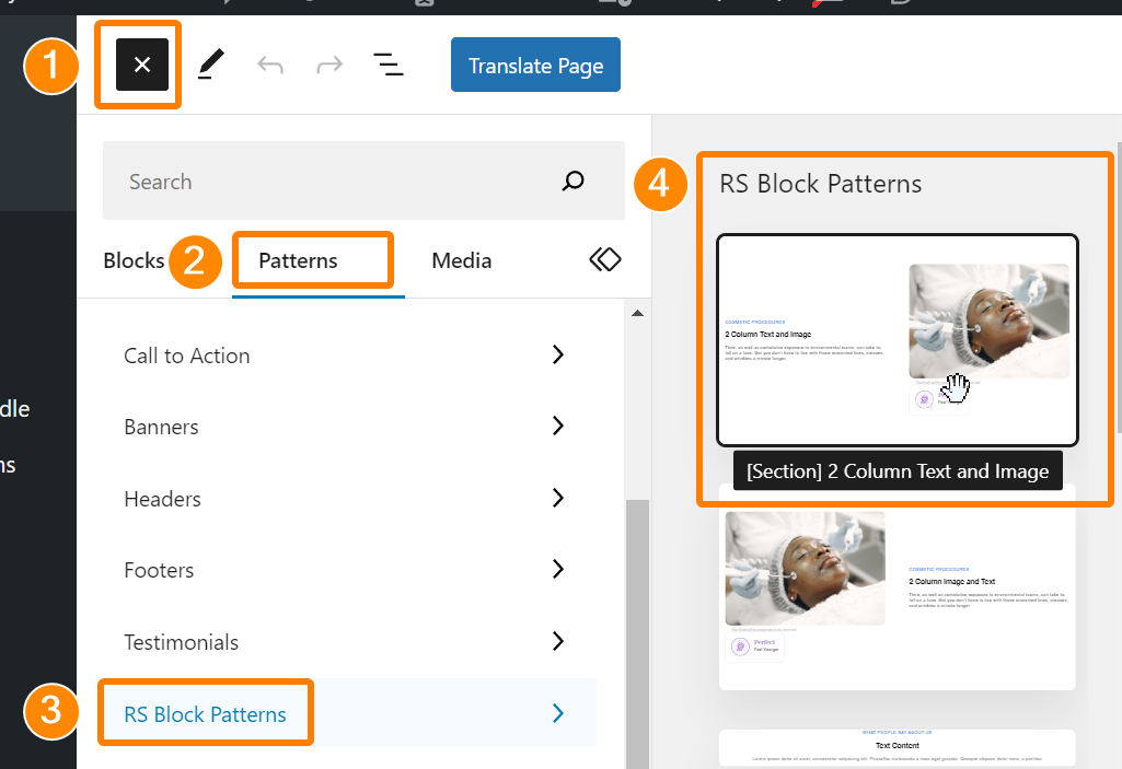 The menu to add a new block, shown as a sidebar. The menu has a "Patterns" tab between Blocks and Media. The RS Block Patterns menu contains all of the registered items.