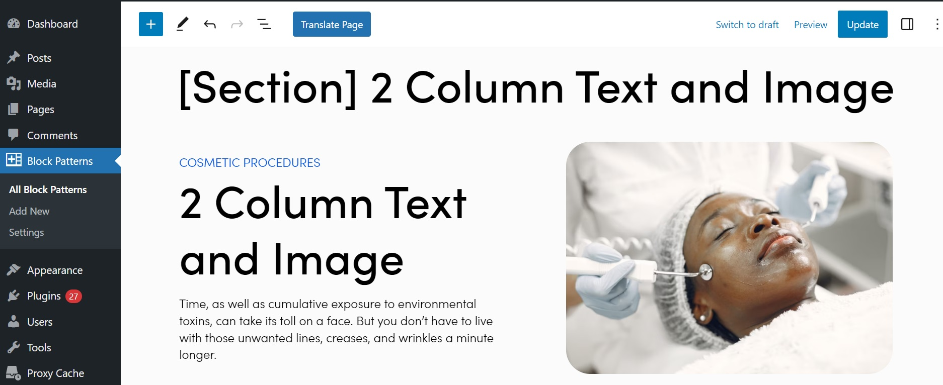 Shows a block pattern in the edit screen, composed of columns and text and other blocks.