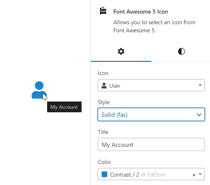 Preview of the Font Awesome 5 Icon block selecting the User icon with a selected style, title, and color.