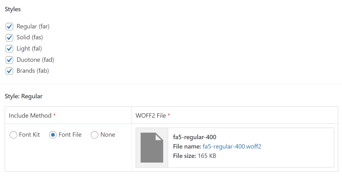 The settings page, showing the style "Regular" has the font file uploaded to WordPress