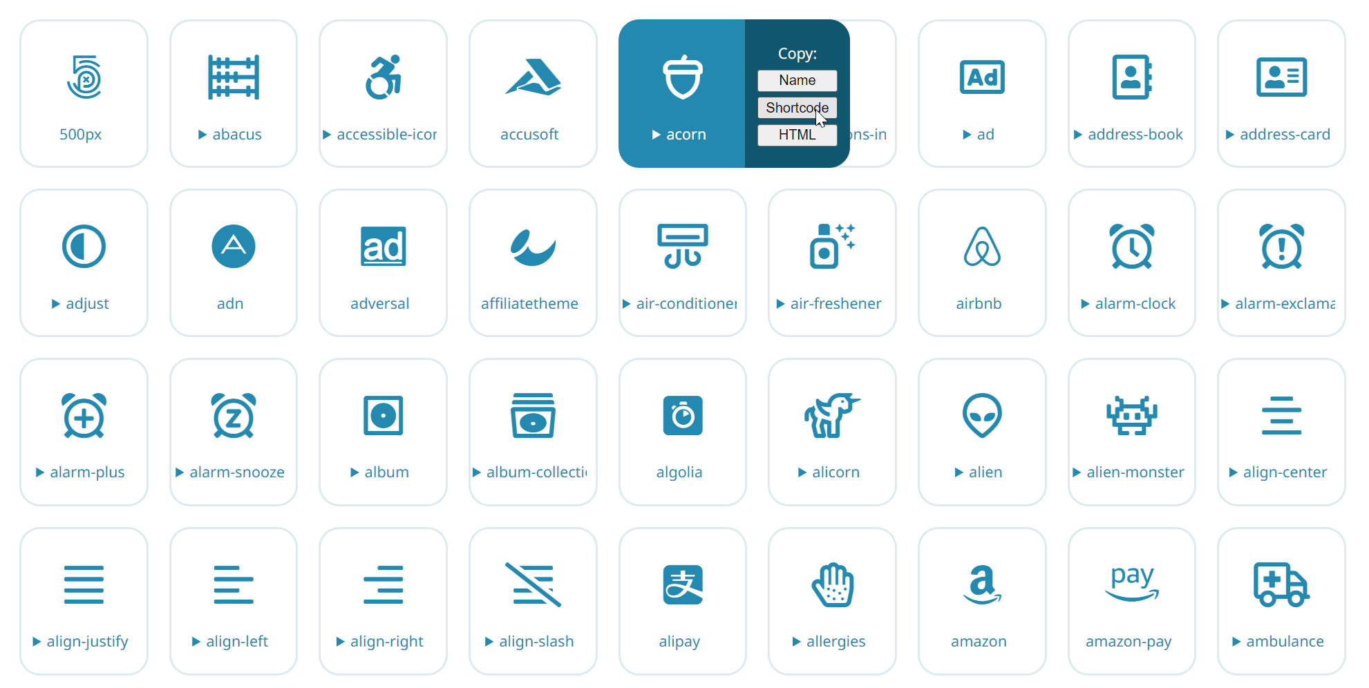 Preview of the icon list shortcode, showing three rows of icons and the ability to copy the name, shortcode, or html