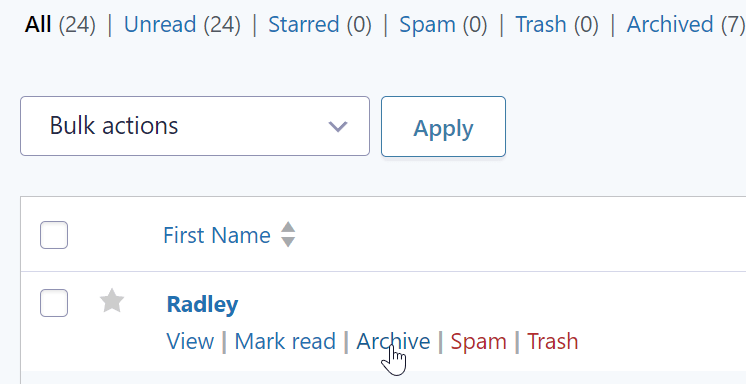 Screenshot showing the Archive link in the row actions below the first column.