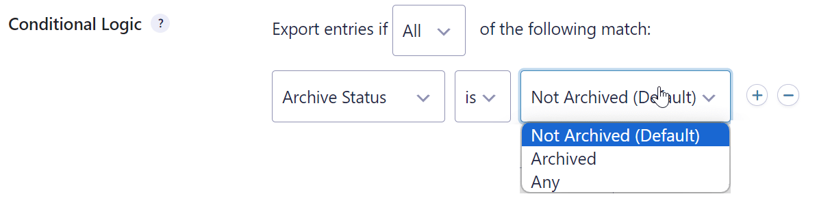 Screenshot of conditional logic fields from the export screen. The "Archive Status" field is selected.