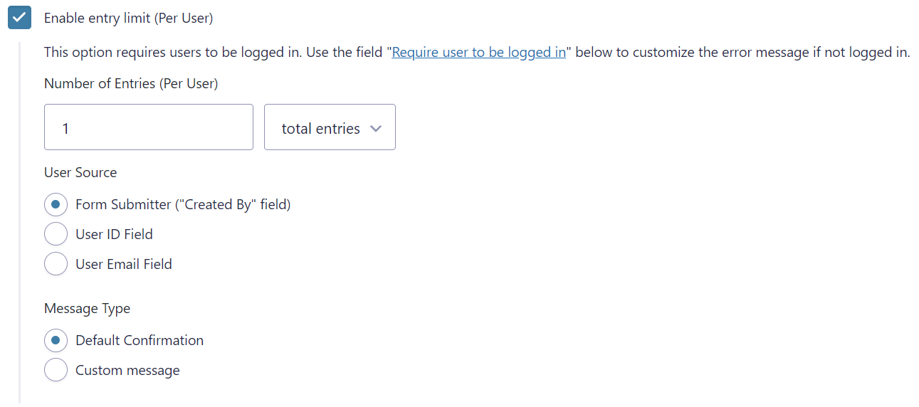 Screenshot of the settings page showing Number of entries, User Source, and Message Type fields