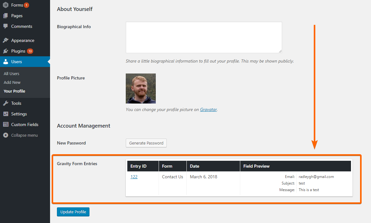 An example of the "Gravity Form Entries" table added to the edit profile screen in the WordPress dashboard.