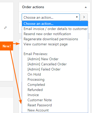 The new options added to the Order Actions dropdown.