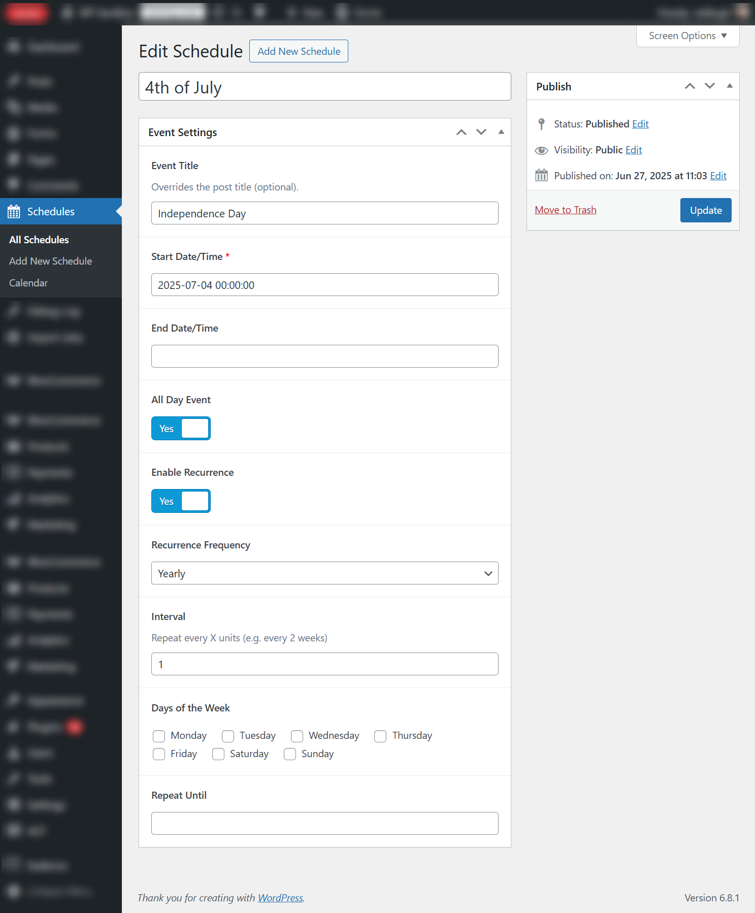 Schedule Post Type with event settings