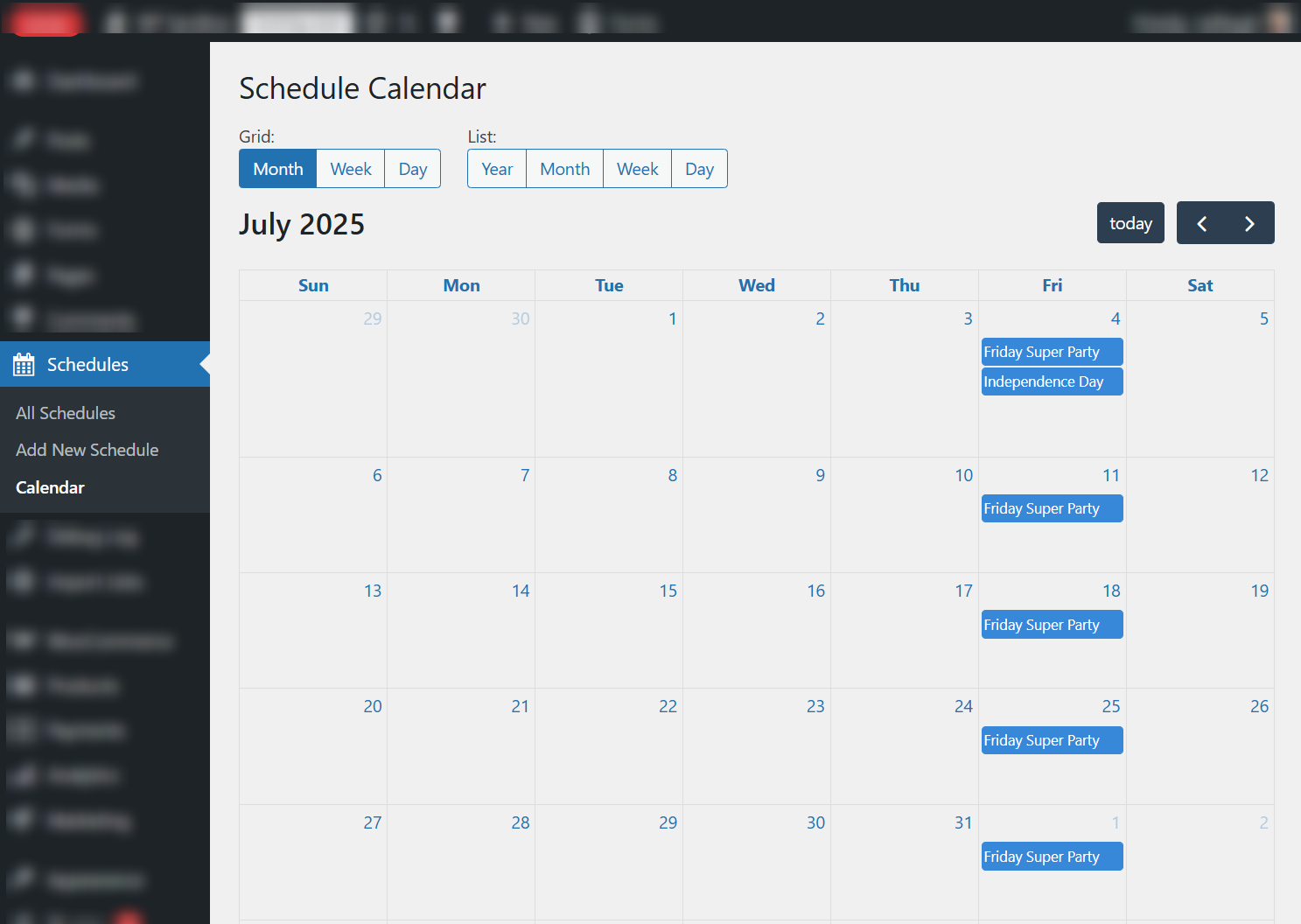 Calendar page showing events