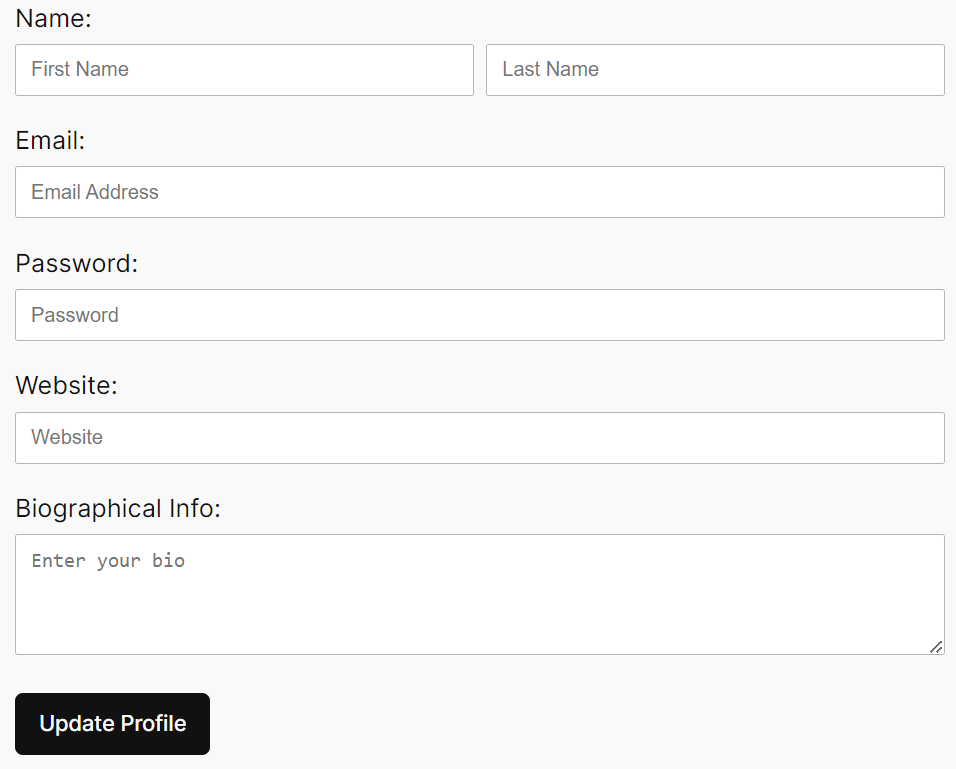 Screenshot of the "Edit Profile" form fields as they appear on the front-end
