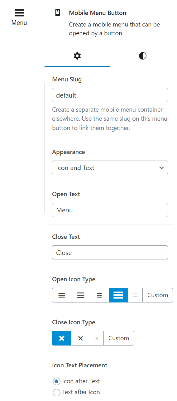 Screenshot of the "Mobile Menu Button" block showing available options
