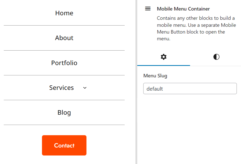 Screenshot of the "Mobile Menu Container" block showing available options