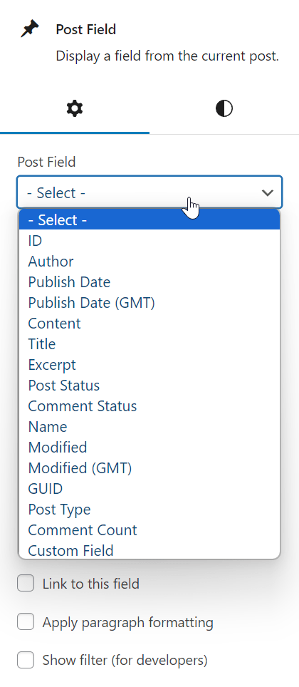 Screenshot of the "Post Field" block showing available options