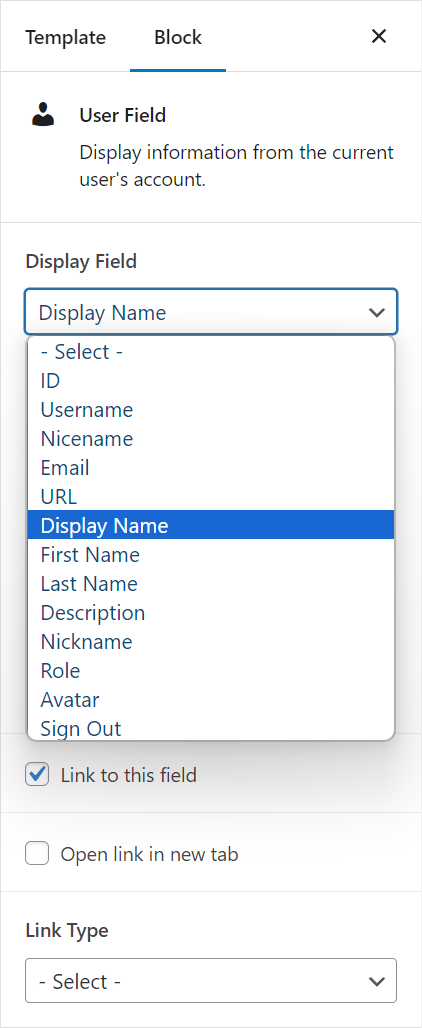 Screenshot of the "User Field" block showing available options