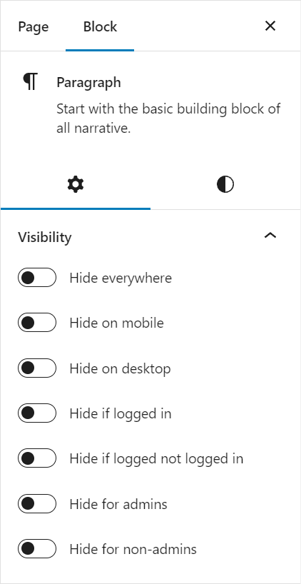 Screenshot of the "Visibility" blocks settings including toggles to hide on mobile, desktop, if logged in or out, or if admin or not an admin.