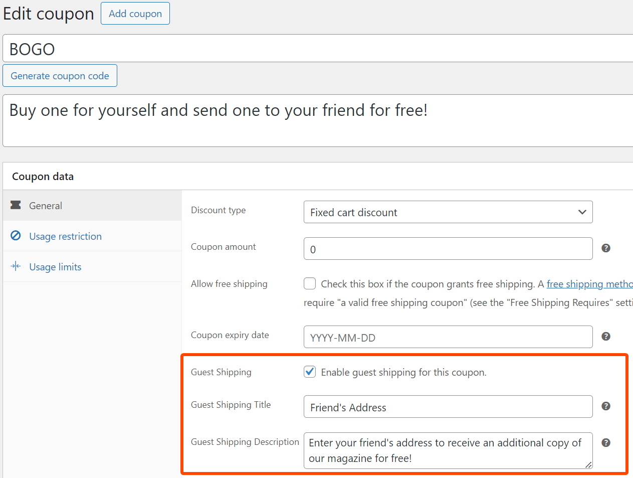 Screenshot of the coupon settings page showing the Guest Shipping section