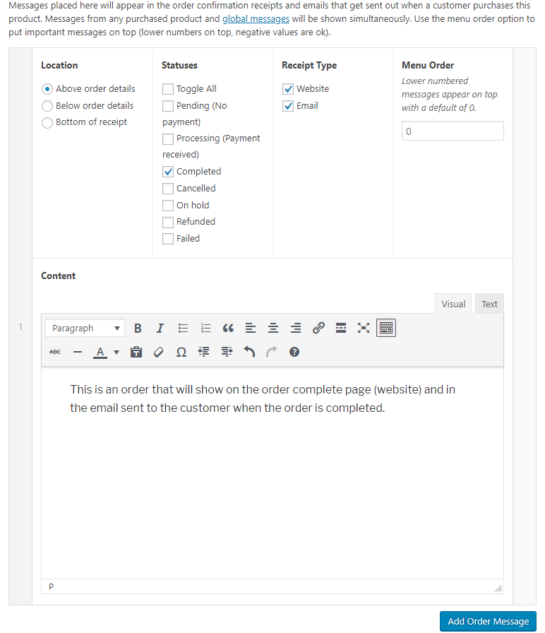 The settings page showing an option to appear on completed orders.