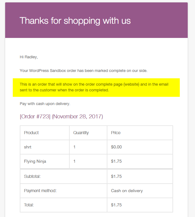 The message from the settings page showing in an email.