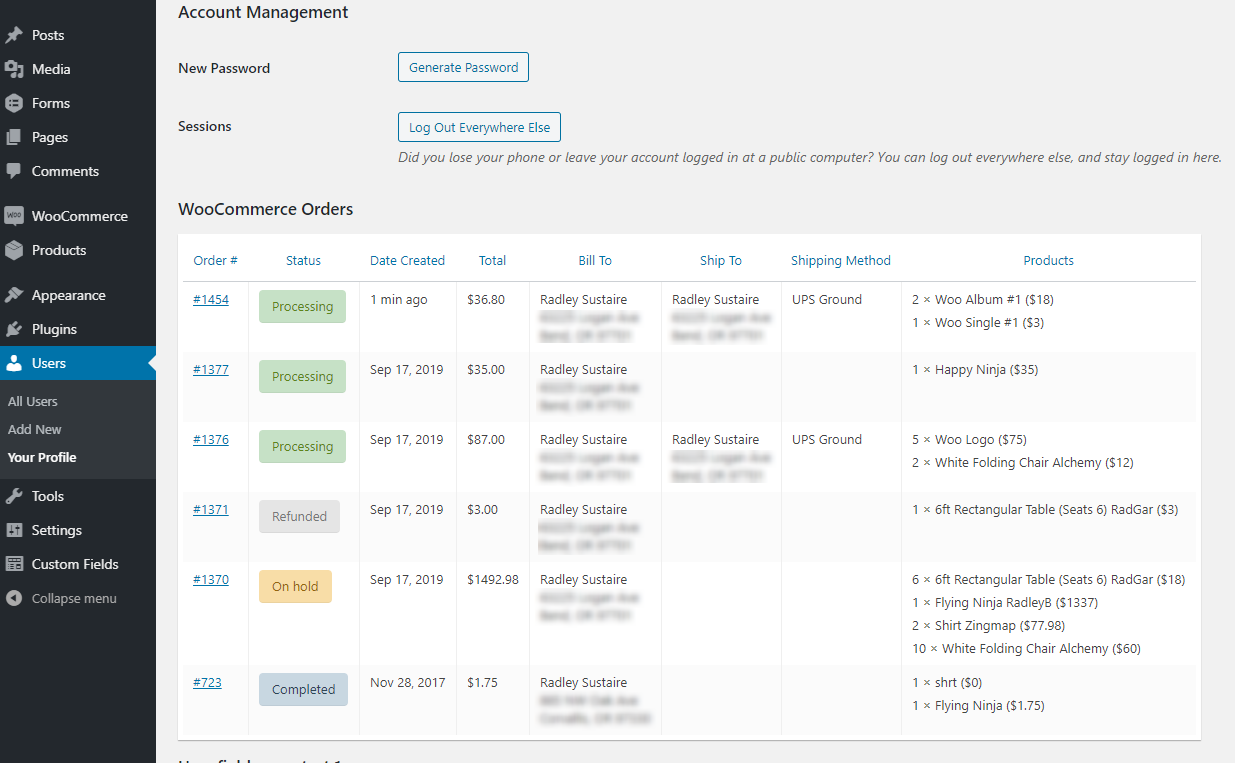 An example order table showcasing different combinations of data that can be displayed.